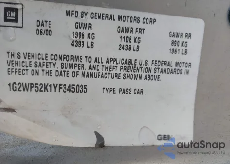 2000 Pontiac Grand Prix Gt z USA, uszkodzony, nr VIN 1G2WP52K1YF345035